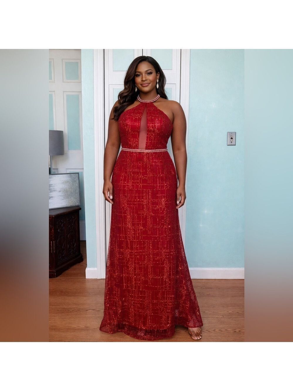 Size 6 Deep Red Clarisse 8018 Halter Glitter pageant prom dress gown NWT